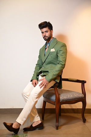 Pine Green Blazer With Creamy White Pants